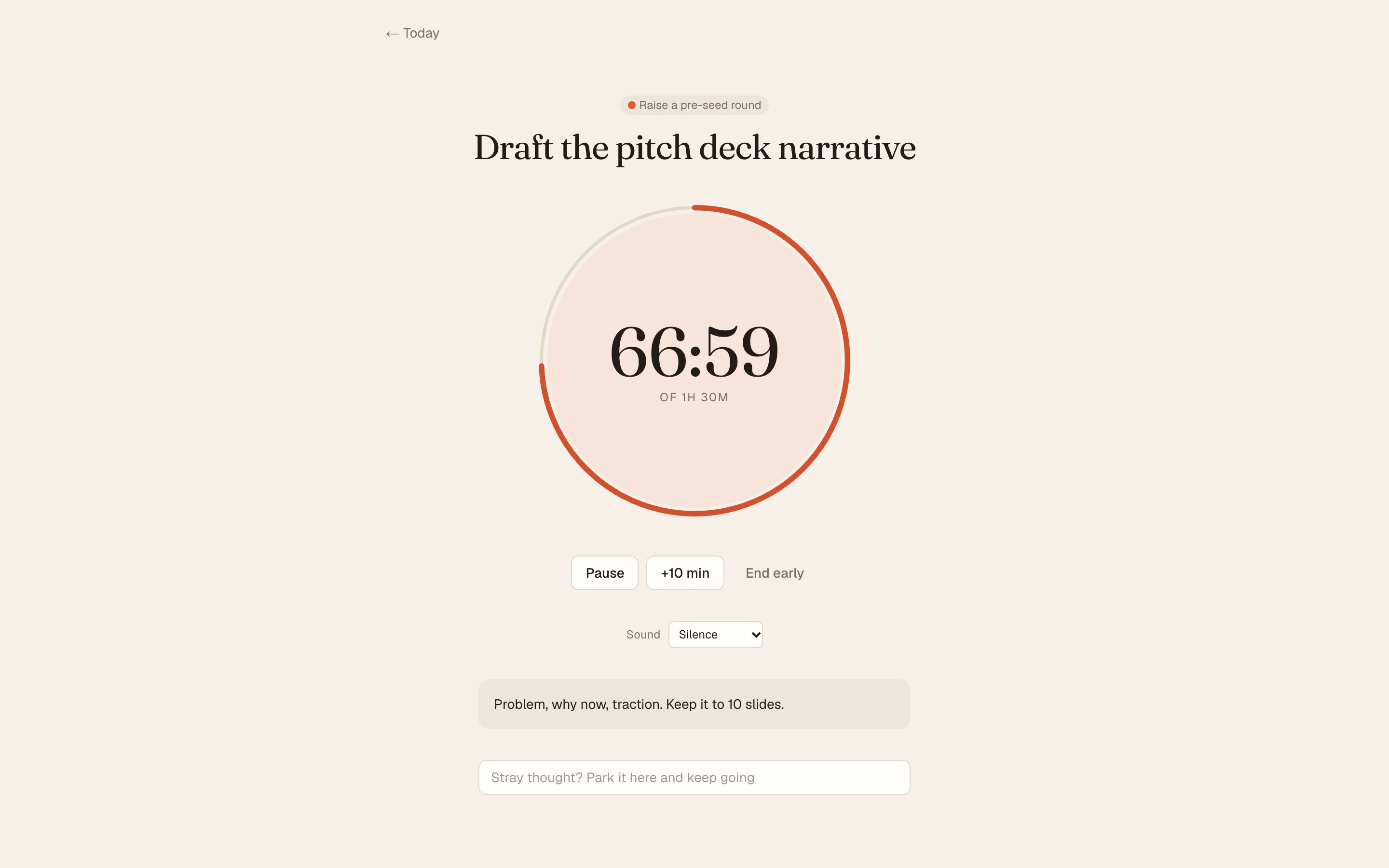 The focus screen: a countdown ring around the remaining time for a single task