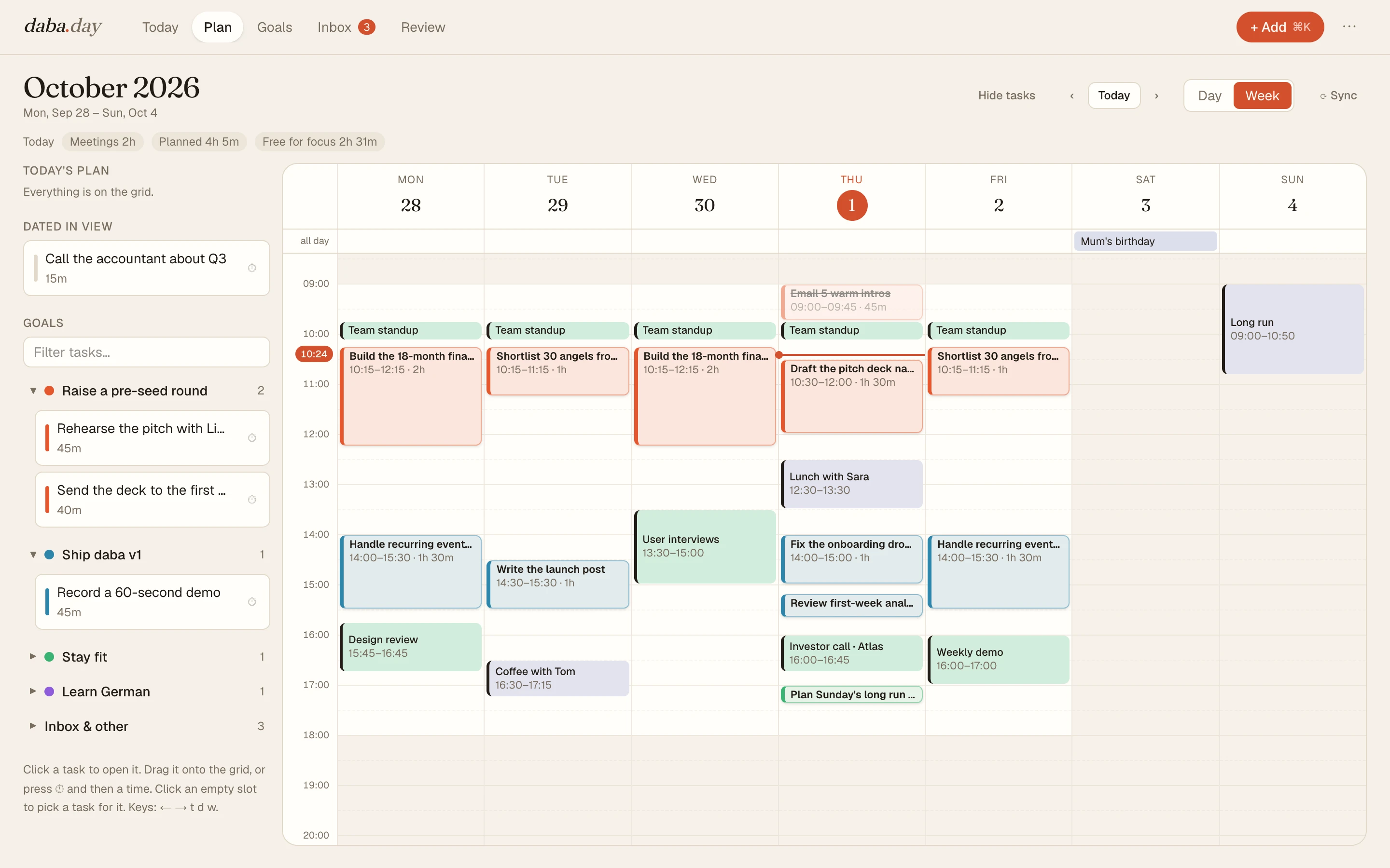 The week view: meetings from two calendars with focus blocks for tasks scheduled around them