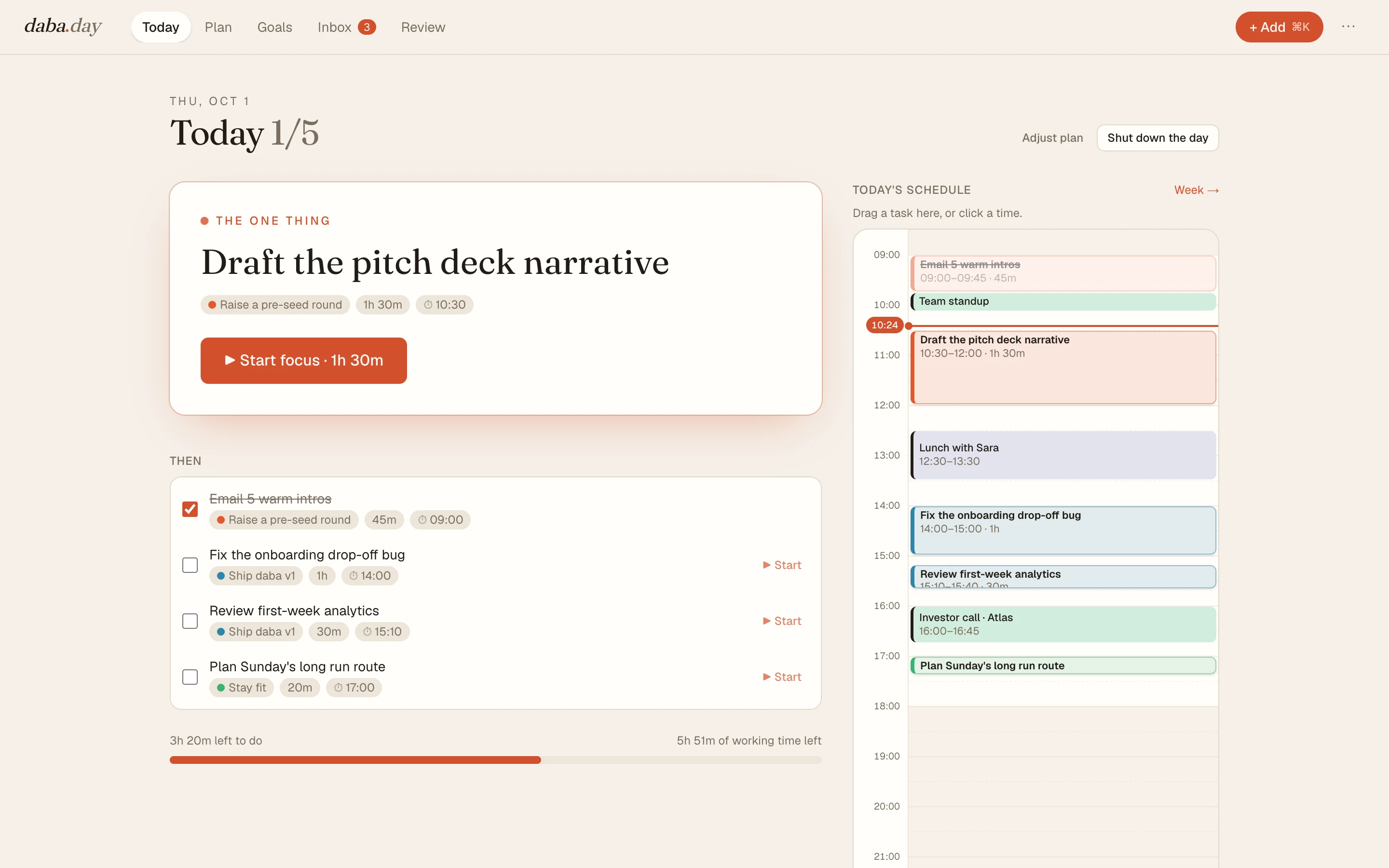 daba's Today screen: the one task to start with, the rest of the plan, and today's schedule with meetings and focus blocks